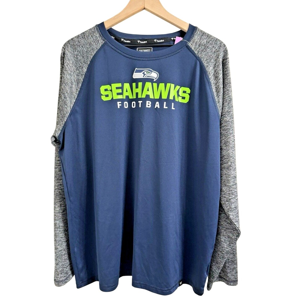 Fanatics Seahawks Football Shirt 2XL‎ Navy Blue Raglan Long Sleeve NFL Pro Line